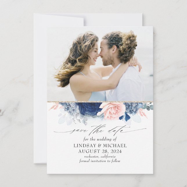 Faire-part Dusty Blue & Blush Pink Floral Enregistrer la phot (Devant)