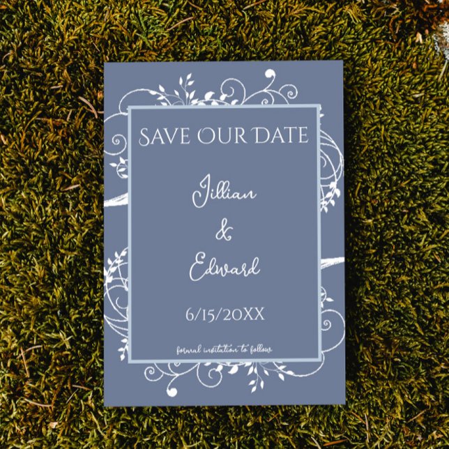 Faire-part Dusty Blue Flourish Économisez La Date Annonce (Créateur téléchargé)