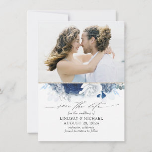 Faire-part Dusty Blue & Navy Blue Floral Enregistrer la date 
