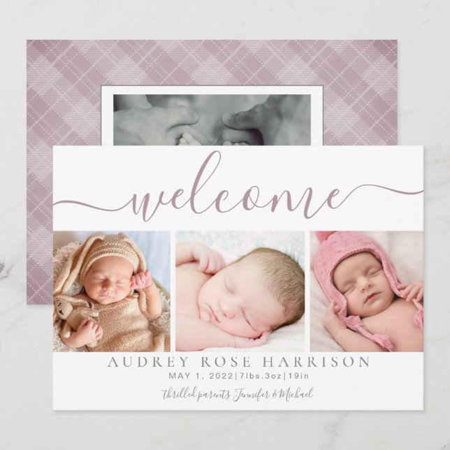 Faire-part Dusty Mauve Welcome Baby Photo Collage de photos N (Devant / Derrière)