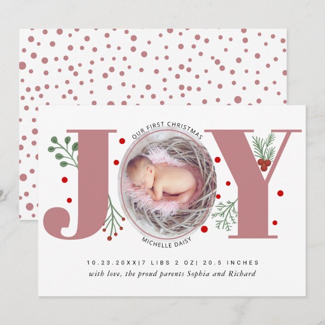 Faire-part Dusty rose Joy Première photo de Noël naissance bé (Devant / Derrière)