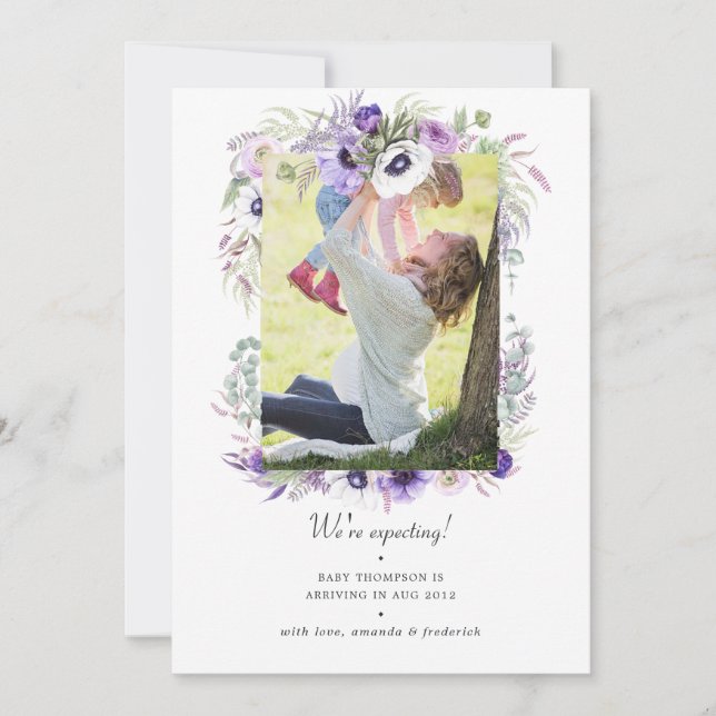 Faire-part Dusty Violet Pastel Floral Photo Grossesse (Devant)