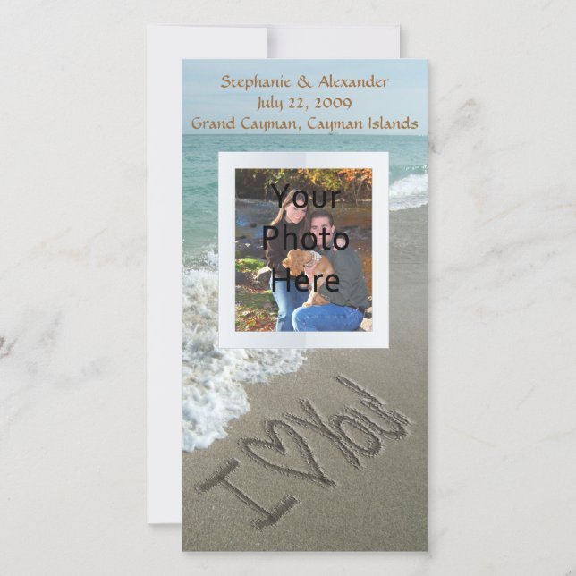 Faire-part Ecriture de sable sur la plage, I Love You (Devant)