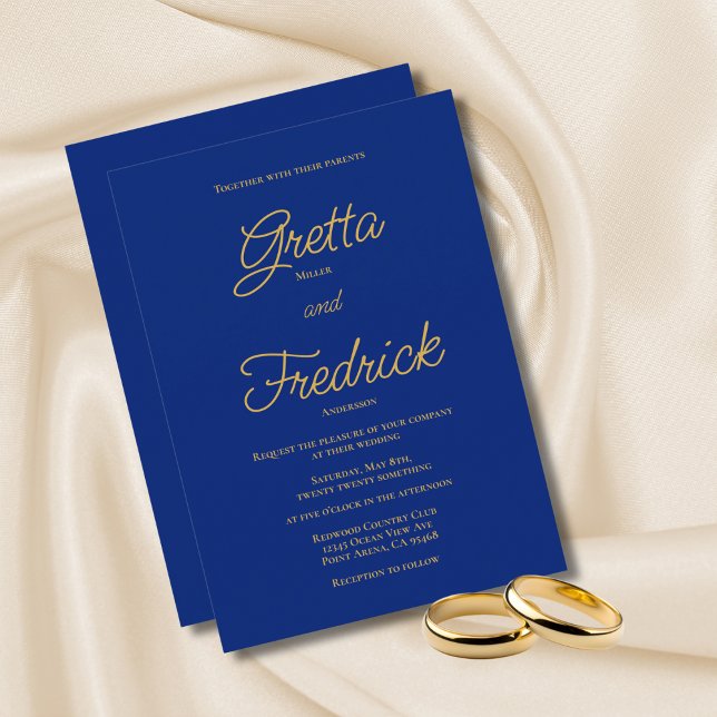 Faire-part Élégance intemporelle Royal Blue Gold Script Maria (Créateur téléchargé)