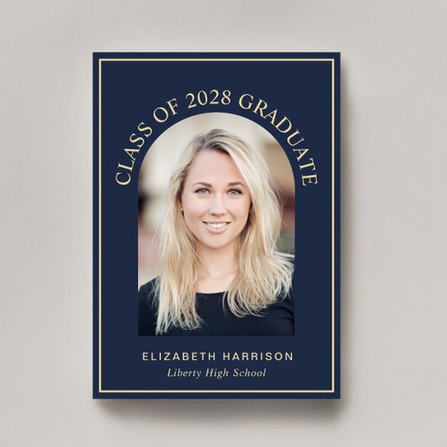Faire-part Elégant Arc Photo Blue Gold Graduation (An elegant arch photo graduation announcement to celebrate the graduate's achievements)