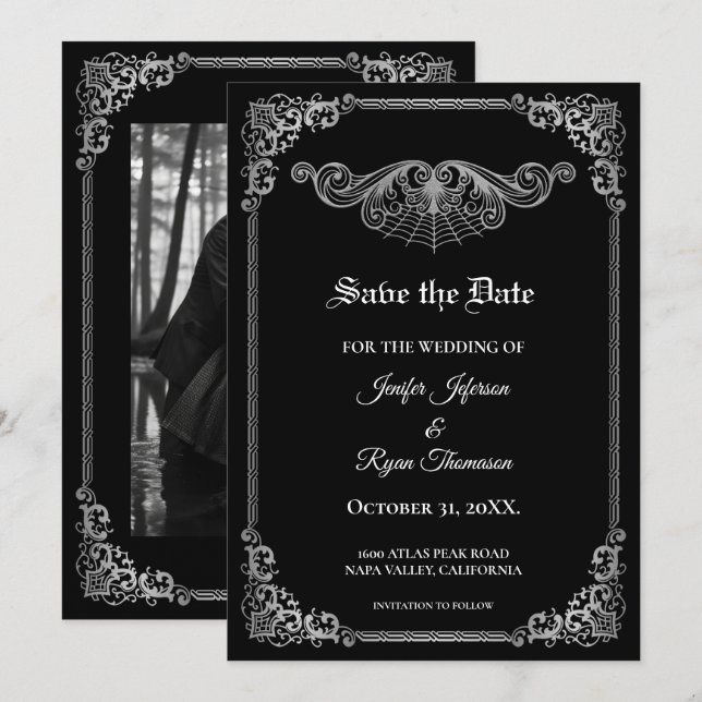 Faire-part Elegant black Gothic wedding save the date (Devant / Derrière)