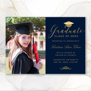 Faire-part Élégant Blue Gold Formal Script Photo Graduation