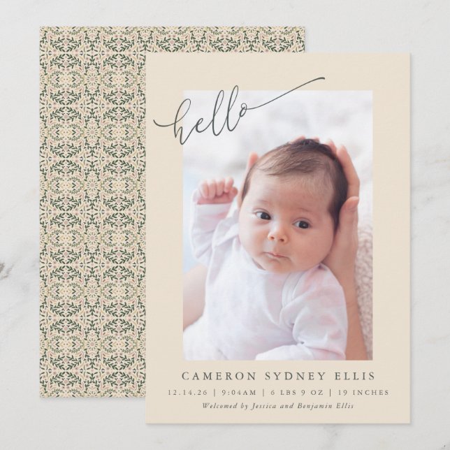 Faire-part Elegant Botanical Minimalist Hello Photo Birth (Devant / Derrière)