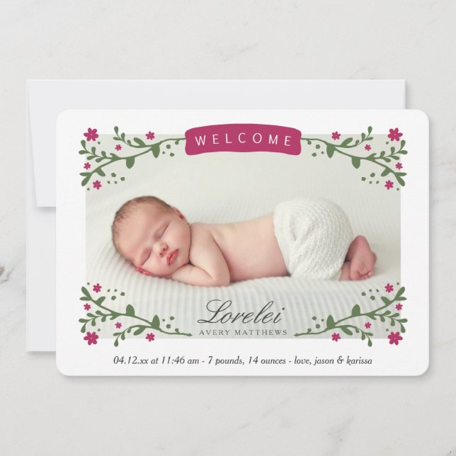 Faire-part Elégant Cadre Floral Plum Baby Girl Photo Naissanc (Devant)