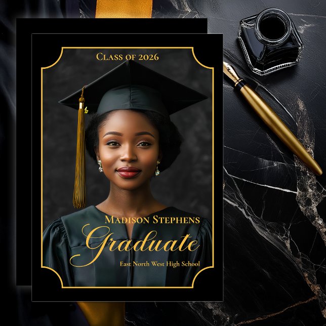 Faire-part Elegant Class of 2026 Portrait Graduation (Luxury Black & Gold Portrait Graduation Announcement with Ornate Frame and Script Typography - Black)