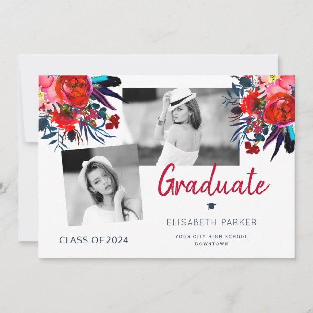 Faire-part Élégant collage photo collage floral graduation (Devant)