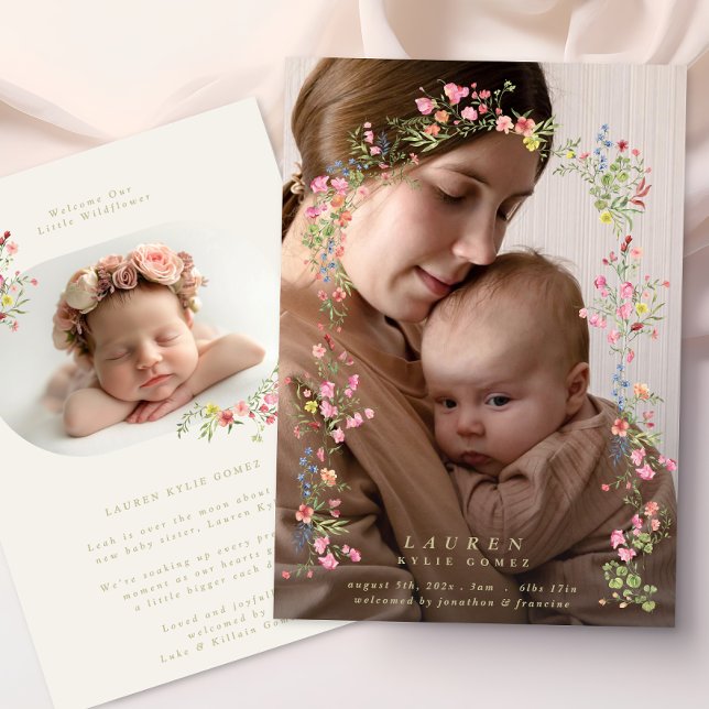 Faire-part elegant dainty floral arch spring photo baby (Créateur téléchargé)