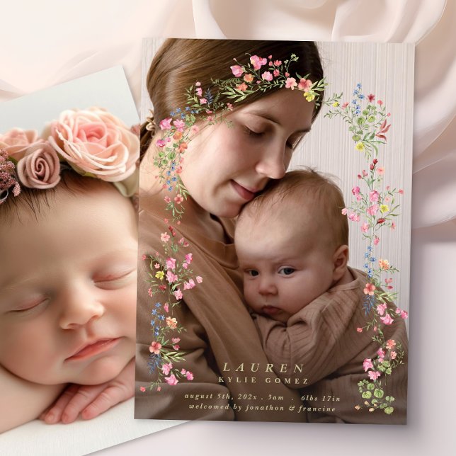 Faire-part elegant dainty floral arch spring two photo baby (Créateur téléchargé)