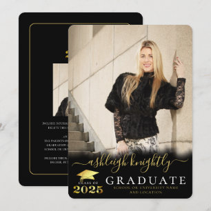 Faire-part Élégant diplômé 2025 Black Gold Script 2 Photos