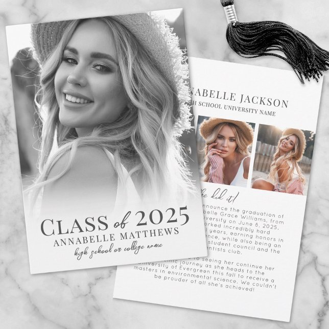 Faire-part Élégant Diplômé noir & blanc Photo Graduate (Elegant Graduate Black & White Photo Graduation Announcement)