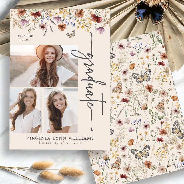 Faire-part Élégant Fleur sauvage Photo Graduate (Elegant Wildflower Collage Picture Graduate Announcement by Painted Paperie
)