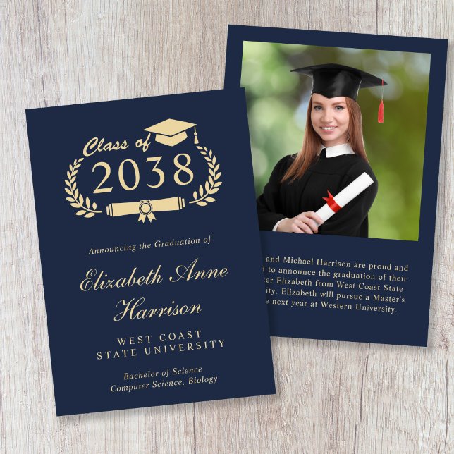 Faire-part Elegant Gold Script Blue Photo College Graduation (Elegant Gold Script Blue Photo College Graduation Announcement)