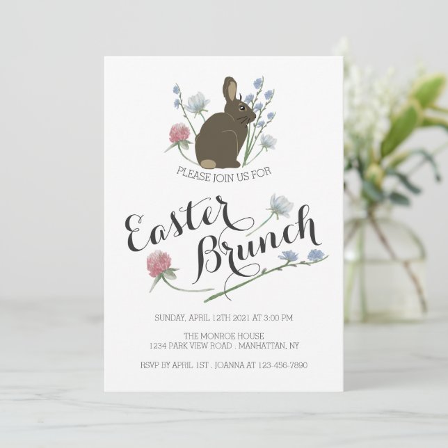 Faire-part Elégant lapin Fleur sauvage & Brown, Brunch de Pâq (Debout devant)