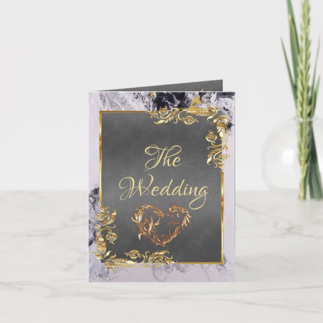 Faire-part Elegant Marble, Grey, Gold Frame, Gold Heart (Devant)