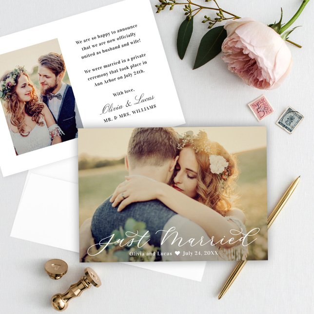 Faire-part Élégant marié blanc Script photo Mariage (Créateur téléchargé)