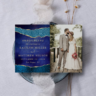 Faire-part Elégant Marine Blue & Gold Agate Mariage Photo