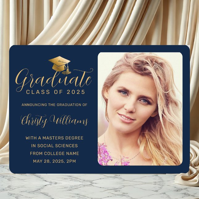 Faire-part Élégant Marine Gold Script Photo College (Navy Blue and Photo Graduation Announcement for College grads)
