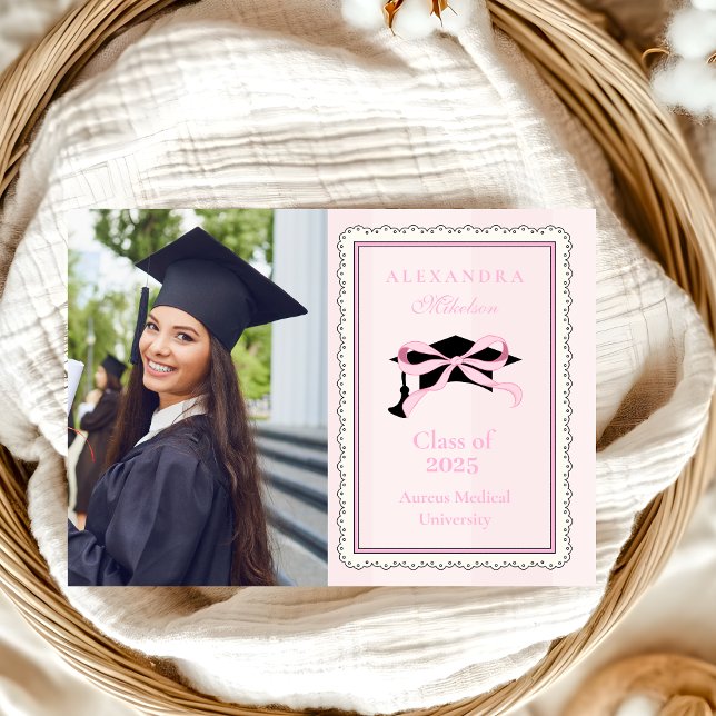 Faire-part Élégant mignon Photo Coquette Rose Bow Graduation (Créateur téléchargé)