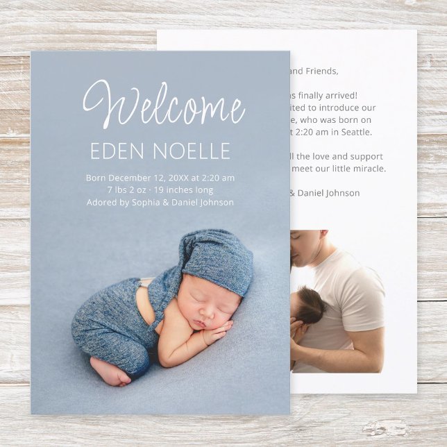 Faire-part Élégant moderne blanc Script 2 Photo Naissance du  (Modern, elegant, white script 2 photo newborn birth announcement flat card. Simple baby photo card.)