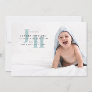 Faire-part Élégant Monogramme bleu bébé photo naissance