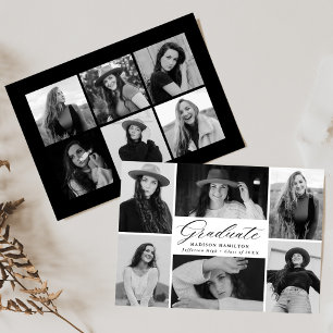 Faire-part Élégant noir Script 12 Photo Collage Graduation