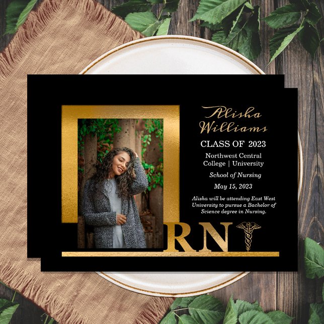 Faire-part Élégant Or Classé RN Caduceus 1 Photo Noir (Créateur téléchargé)