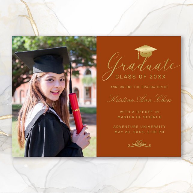 Faire-part Élégant Orange Gold Formal Script Photo Graduation (Elegant Orange Gold Calligraphy Photo Graduation Announcement)