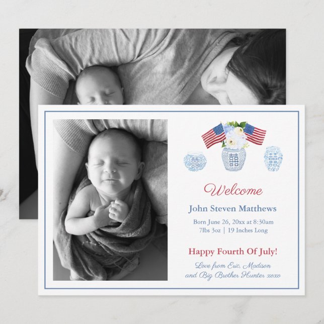 Faire-part Élégant Patriotique Baby Birth Statistiques Bienve (Devant / Derrière)