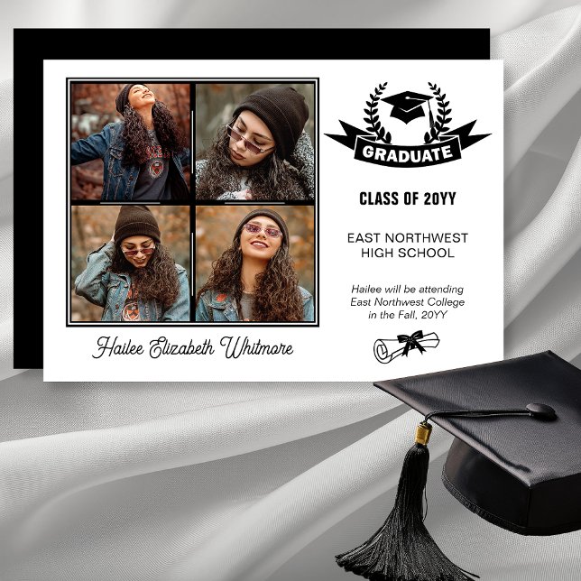 Faire-part Elégant quatre photo noir | Diplôme blanc (Elegant Four Photo Black on White Background Graduation Announcement - Print | Digital Download)