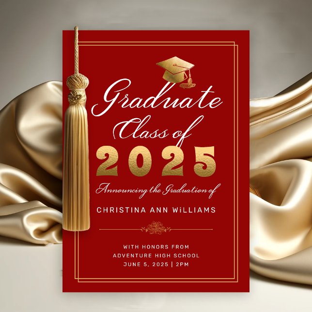 Faire-part Élégant Red Gold Script Classe de 2025 Graduation (Elegant Gold White Script on Red with thin gold frame Graduation Announcement)