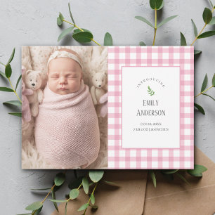 Faire-part Élégant rose En vichy bébé fille 2 photo naissance
