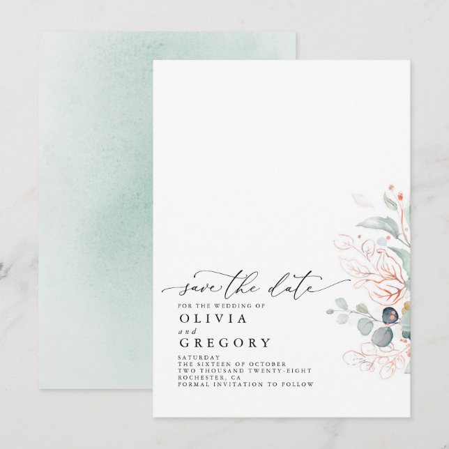 Faire-part Élégant Rose Gold Green Enregistrer La Date (Devant / Derrière)