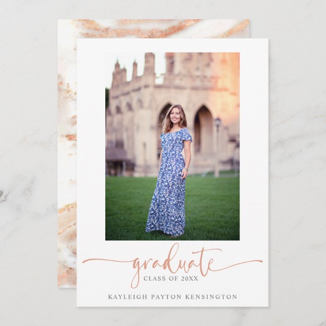 Faire-part Élégant Rose Gold Marble Script Graduation Photo (Devant / Derrière)