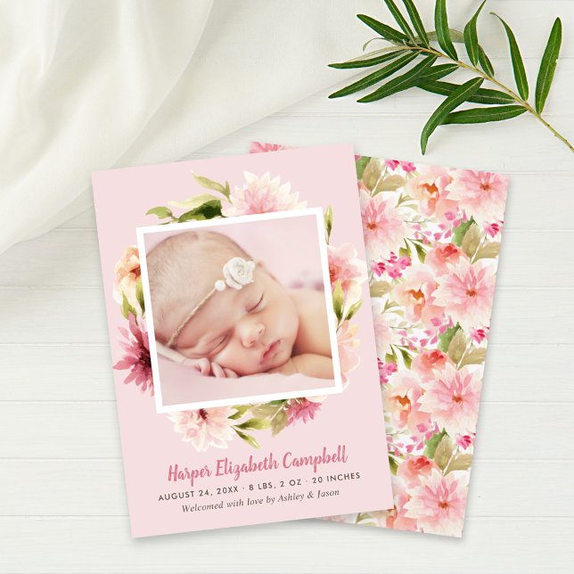 Faire-part Élégant rose pâle Floral Baby Girl Photo Naissance (Créateur téléchargé)