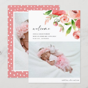 Faire-part Elégant rose rose florale photo bébé naissance