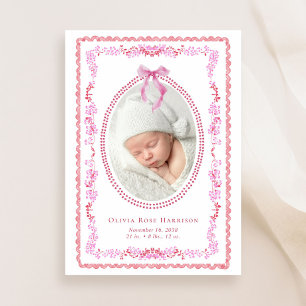 Faire-part Elégant rose rouge Aquarelle Cadre Photo Fille Nai