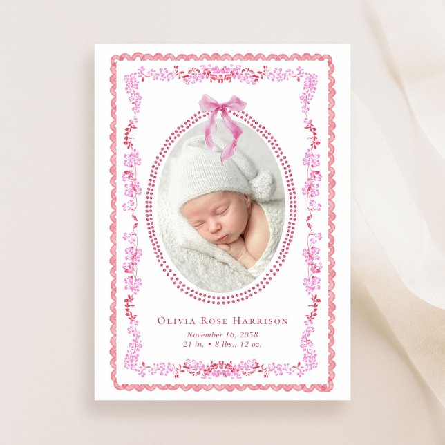 Faire-part Elégant rose rouge Aquarelle Cadre Photo Fille Nai (A beautiful and unique way to thank family and friends and introduce them to your precious baby)