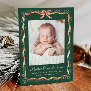 Faire-part Élégant ruban rouge et vert photo naissance