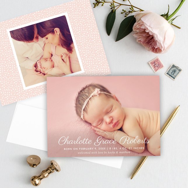 Faire-part Élégant script blanc bébé fille photo Blush naissa (Créateur téléchargé)