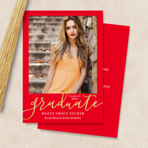 Faire-part Élégant script moderne brillant rouge photo Gradua