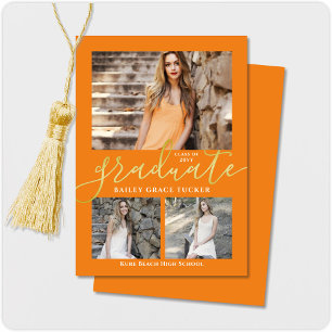 Faire-part Élégant Script Orange 3-Photo Collage Graduation