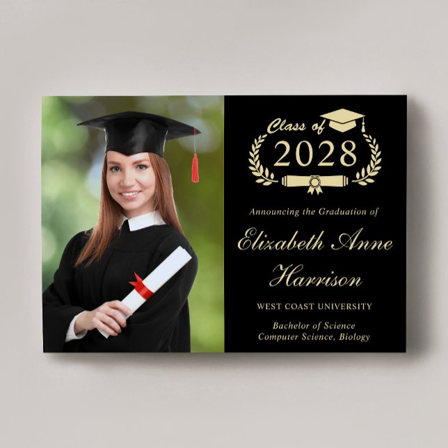 Faire-part Élégant Script Photo Black Gold College Graduation (An elegant college graduation announcement to celebrate the graduate's achievements)