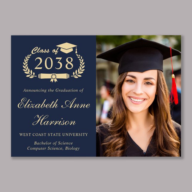 Faire-part Elegant Script Photo Blue Gold College Graduation (Elegant Script Photo Blue Gold College Graduation Announcement)