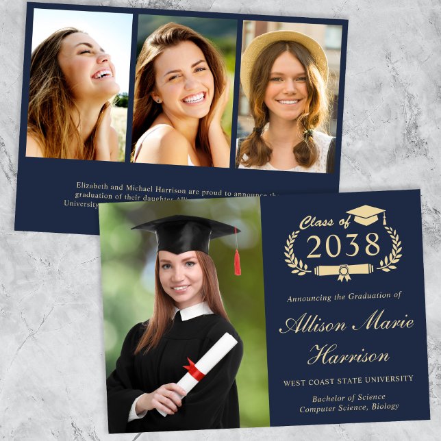 Faire-part Élégant Script Photo Blue Gold College Graduation (An elegant college graduation announcement to celebrate the graduate's achievements)