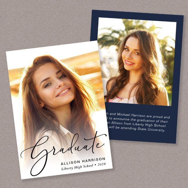 Faire-part Élégant Script Photo Blue Graduation (An elegant photo graduation announcement to celebrate the graduate's achievements)